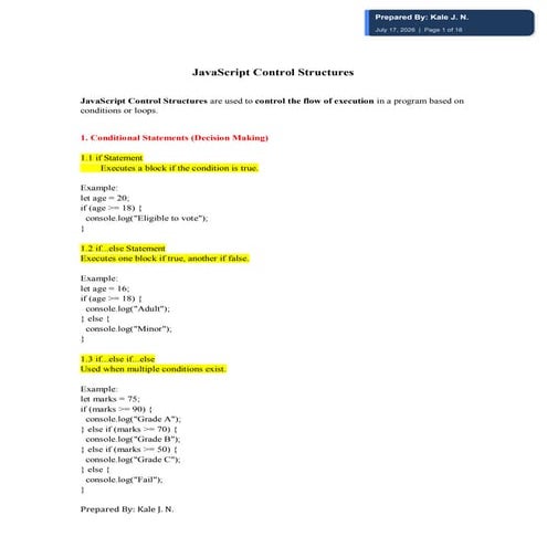 Comprehensive Guide to JavaScript Control Structures, Arrays, Objects ...