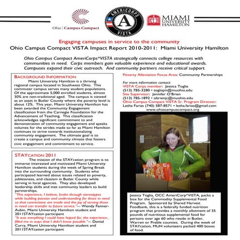 2011 Miami University Hamilton Ohio Campus Compact VISTA Report