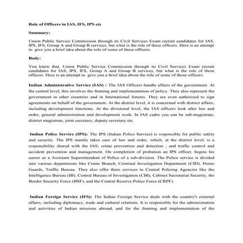 Role of Officers in IAS, IFS, IPS etc