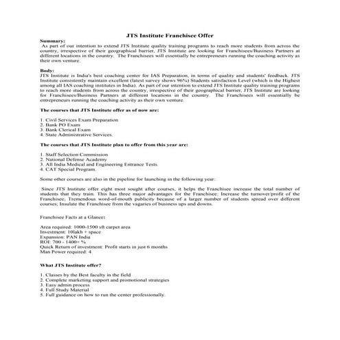 Jts institute franchisee offer 
