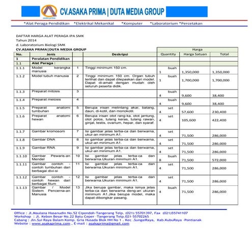 Jual alat peraga laboratorium biologi smk  dak tahun 2015