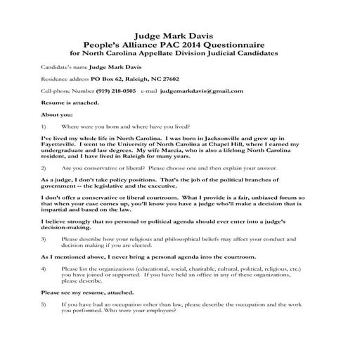 Mark Davis 2014 PA-PAC Questionnaire | PDF