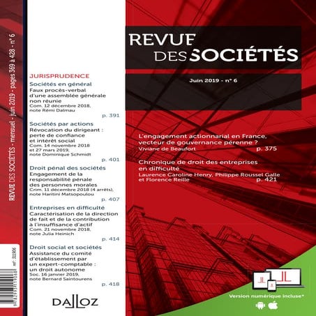 Revue des Societes juin 2019 - L’engagement actionnarial en France, vecteur d...