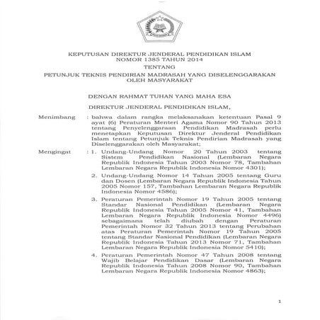 Juknis pendirian madrasah Kementerian Agama RI