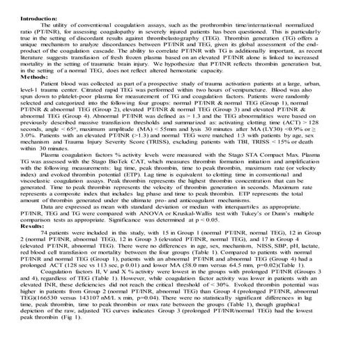 Prothrombin Time/International Normalized Ratio and Thrombelastography Discordances in Trauma Patients: An Examination of Correlation with Factor Levels and Thrombin Generation