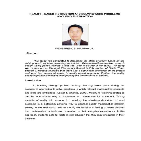 REALITY – BASED INSTRUCTION AND SOLVING WORD PROBLEMS INVOLVING SUBTRACTION