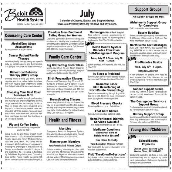 Beloit Health System Calendar for July 2013