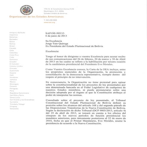 Jun 06   jorge tuto quiroga - oea - reeleccion evo