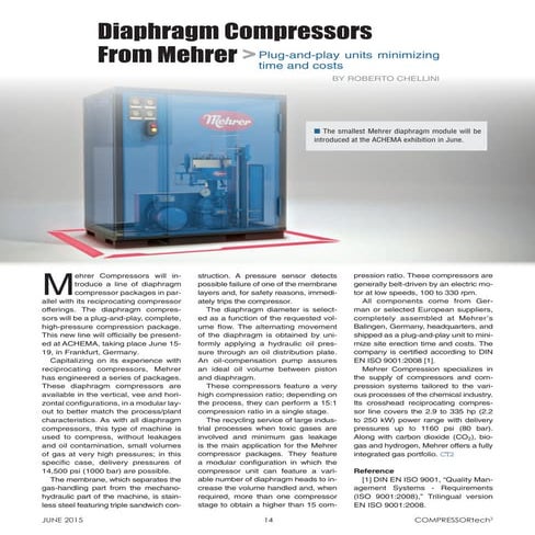 Diaphragm Compressors From Mehrer - June 2015 COMPRESSORtech2 | PDF