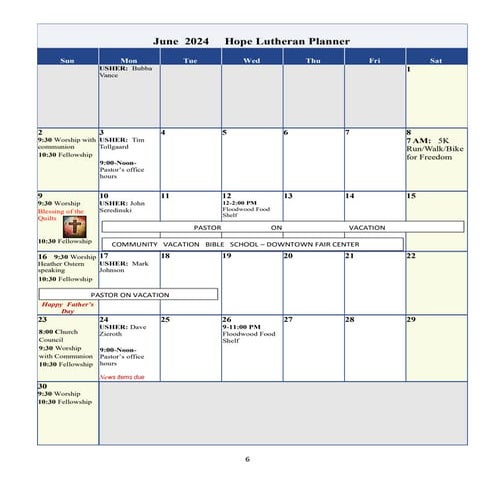 June 2024 Calendar of Events Hope Lutheran Floodwood MN | PDF