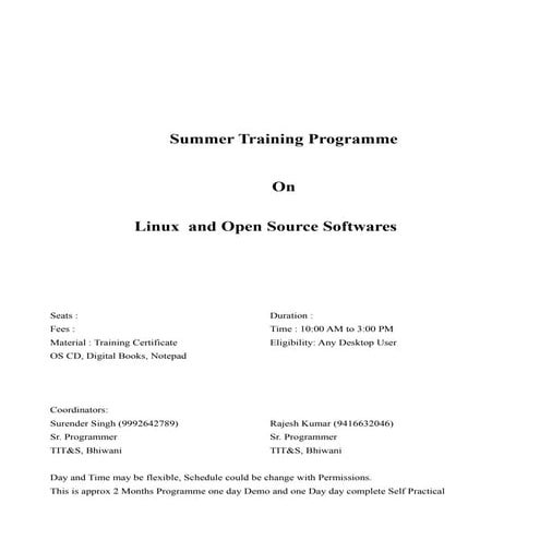 Training Programme on June July 