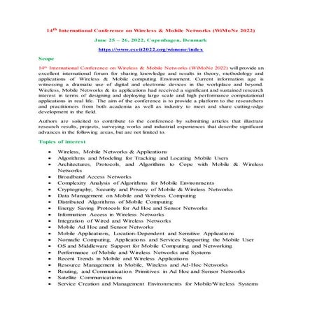 14th International Conference on Wireless & Mobile Networks (WiMoNe 2022)