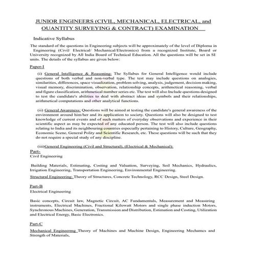 JUNIOR ENGINEERS (CIVIL, MECHANICAL, ELECTRICAL, and OUANTITY SURVEYING & CON...