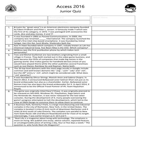 Access 2016 - Junior Quiz Prelims Questions+Answers