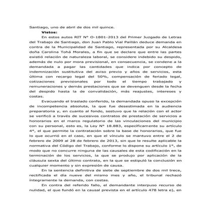 Jurisprudencia Funcionario Honorarios contra Municipalidad de Santiago