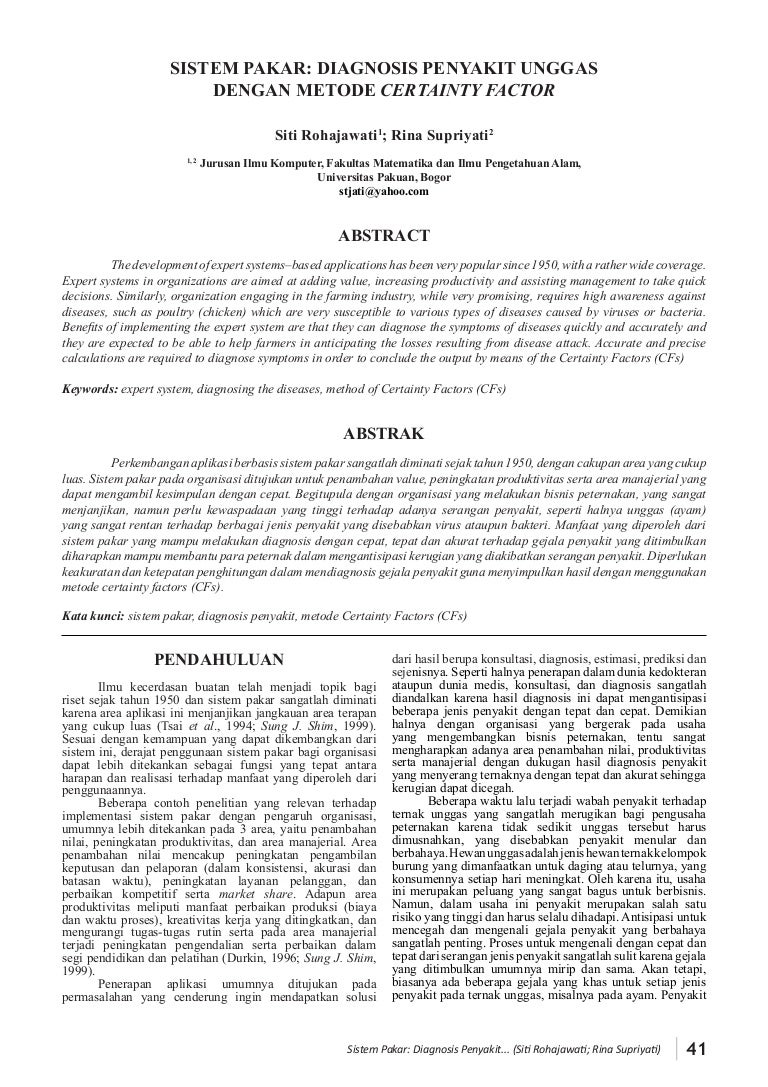 Jurnal Sistem Pakar penyakit unggas menggunakan metode