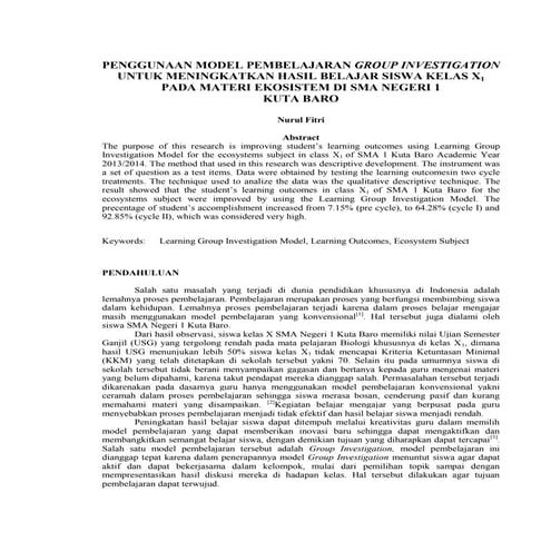 PENGGUNAAN MODEL PEMBELAJARAN GROUP INVESTIGATION UNTUK MENINGKATKAN HASIL BE...