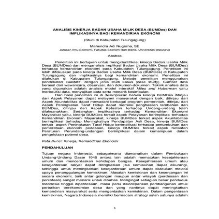 ANALISIS KINERJA BADAN USAHA MILIK DESA (BUMDes) DAN IMPLIKASINYA BAGI KEMAND...