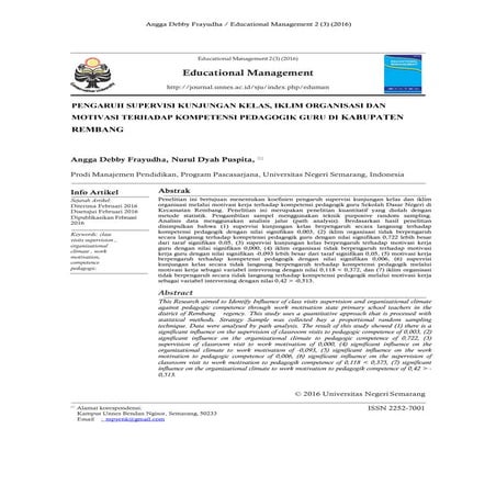 PENGARUH SUPERVISI KUNJUNGAN KELAS, IKLIM ORGANISASI DAN MOTIVASI TERHADAP KOMPETENSI PEDAGOGIK GURU DI KABUPATEN REMBANG