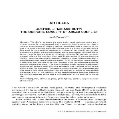 Justice, Jihad and Duty:  The Qur’anic Concept of Armed Conflict, by Professo...