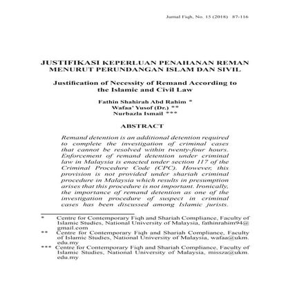 JUSTIFIKASI KEPERLUAN PENAHANAN REMAN MENURUT PERUNDANGAN ISLAM DAN SIVIL