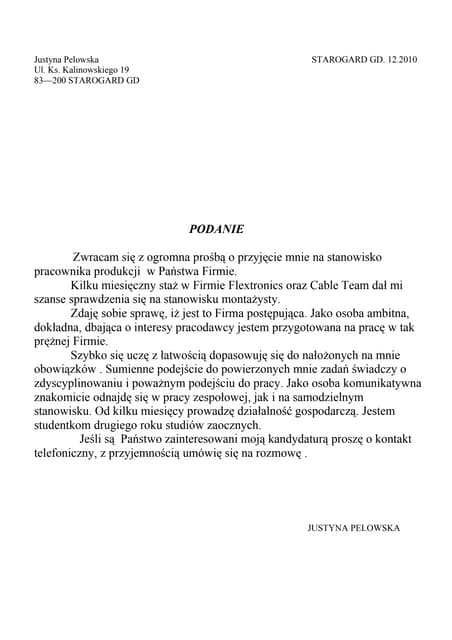 Justyna Pelowska Podanie