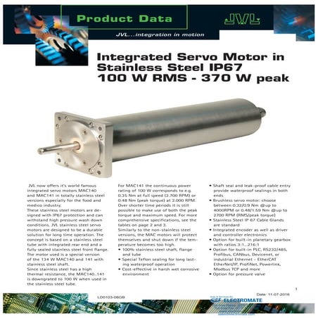 JVL Intergrated Servo Motor in Stainless Steel 