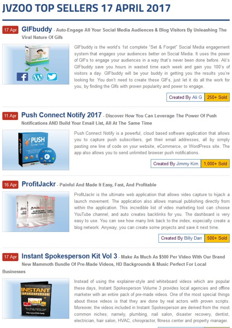 Jvzoo top sellers 17 april 2017