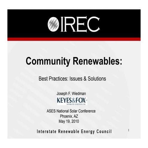 IREC: Community renewables: best practices, issues & solutions