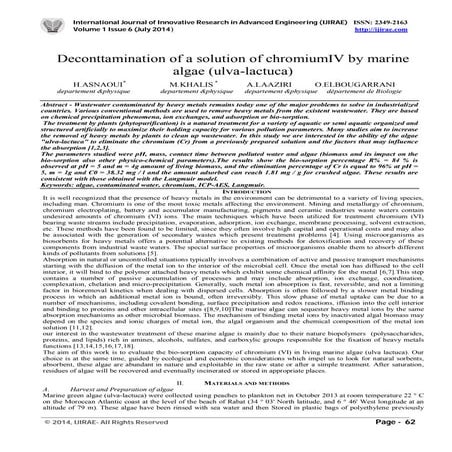 Deconttamination of a solution of chromiumIV by marine algae (ulva-lactuca)