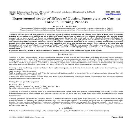 Experimental study of Effect of Cutting Parameters on Cutting Force in Turnin...