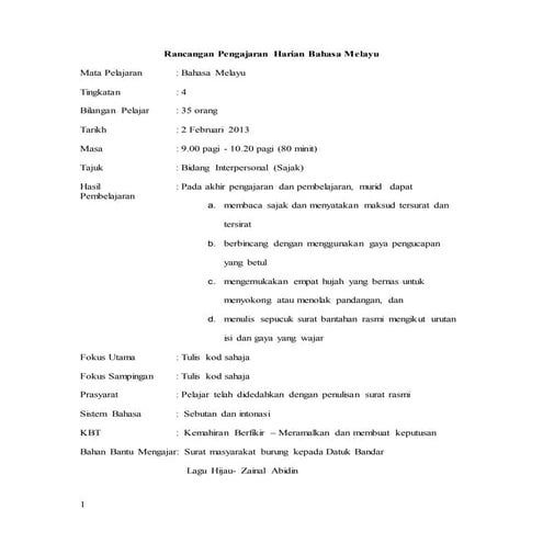 rancangan pengajaran harian bahasa melayu