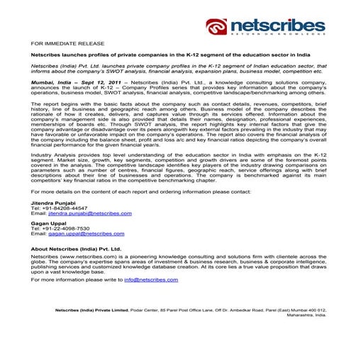 K 12 market in india 2011 - company profile