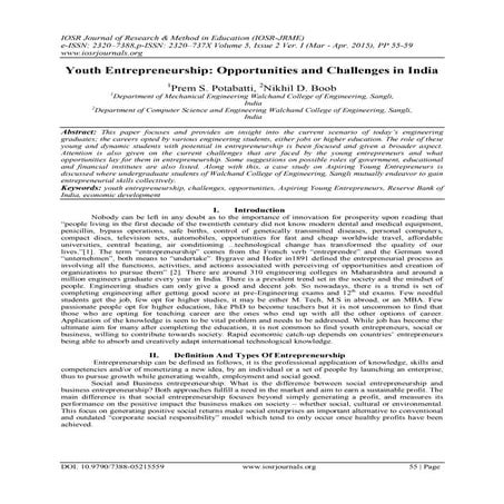 Youth Entrepreneurship: Opportunities and Challenges in India