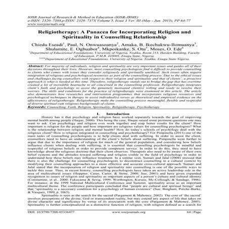 Religiotherapy: A Panacea for Incorporating Religion and Spirituality ...