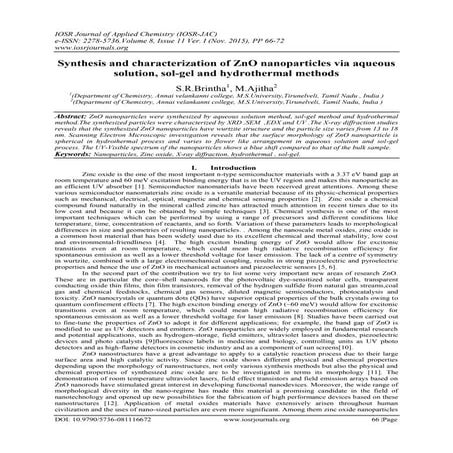 Synthesis and characterization of ZnO nanoparticles via aqueous solution, sol...