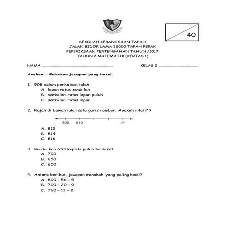 MATEMATIK TAHUN 2 KERTAS 1 