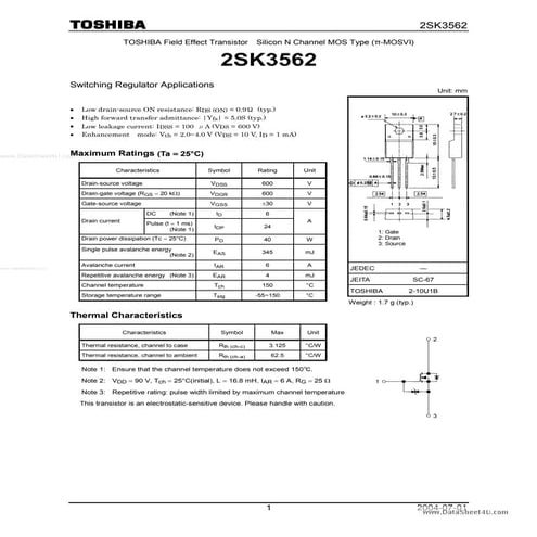 Original N-Channel Mosfet 2SK3562  3562 TO-220 New Toshiba