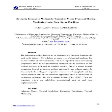 Stochastic Estimation Methods for Induction Motor Transient Thermal Monitorin...