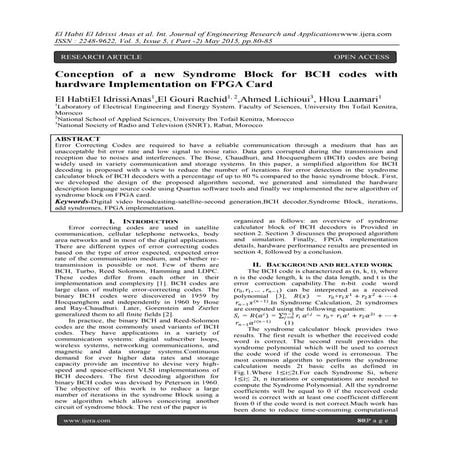 Conception of a new Syndrome Block for BCH codes with hardware Implementation...