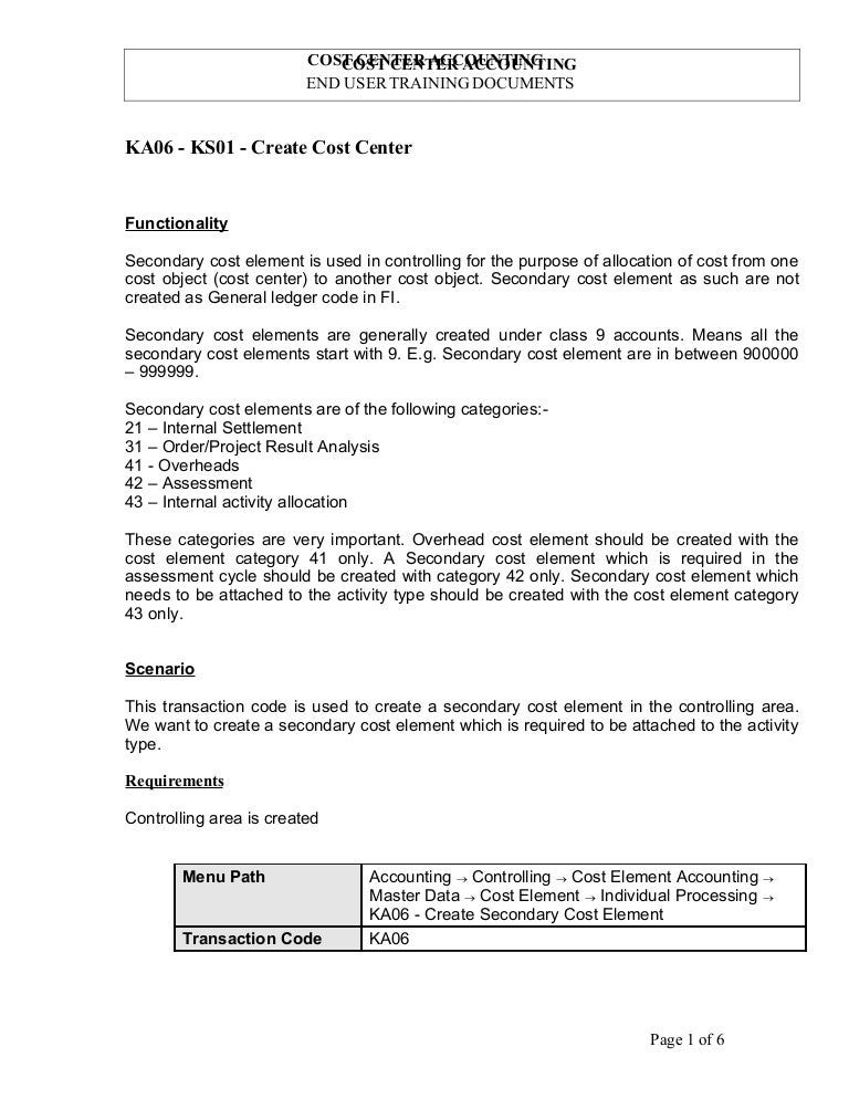Ka06 Create Secondary Cost Element New