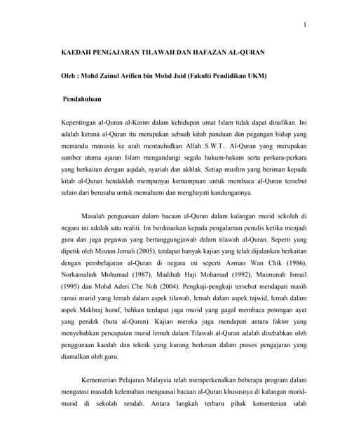 Kaedah dan teknik pengajaran tilawah al quran dan hafazan