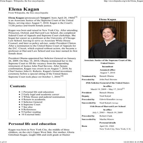 JUSTICE ELENA KAGAN (Wikipedia Info)