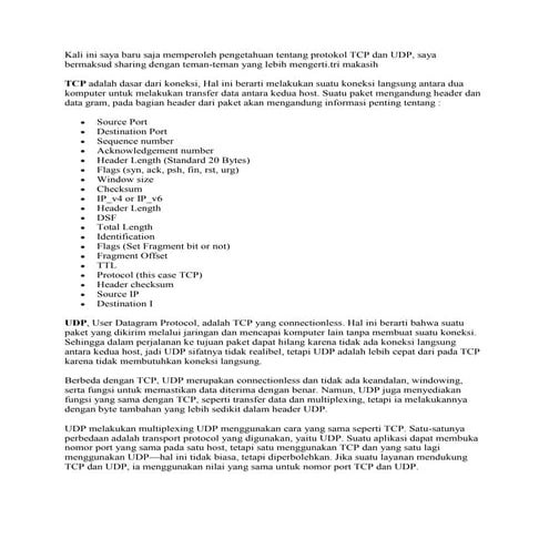 Kali ini saya baru saja memperoleh pengetahuan tentang protokol tcp dan udp