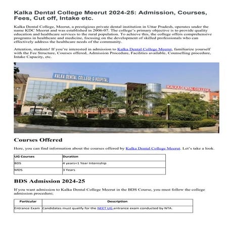 Kalka Dental College Meerut 2024-25 courses