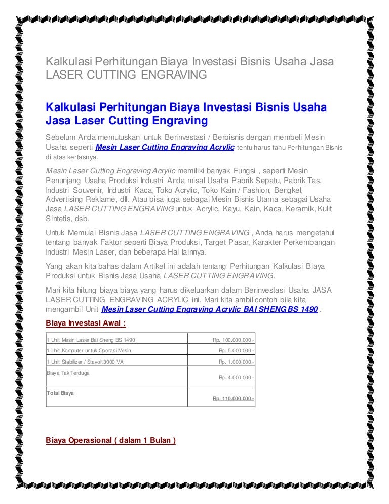 Kalkulasi Perhitungan Biaya Investasi Bisnis Usaha Jasa Laser Cutting