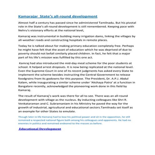 Kamarajar  development plans