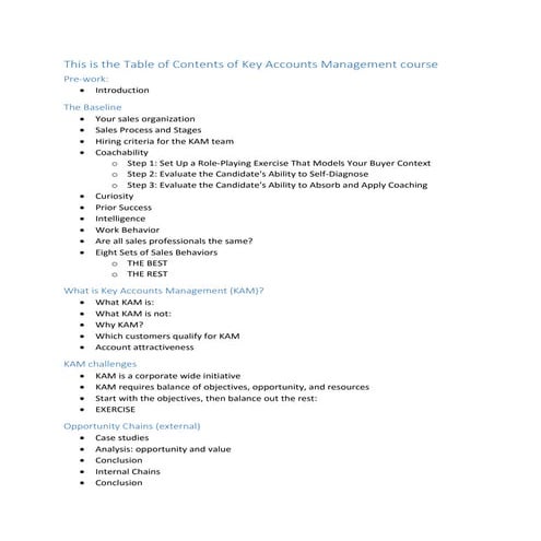KAM course table of contents