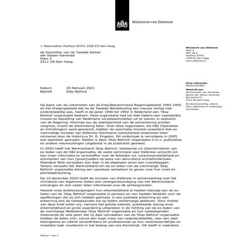 Kamerbrief erkenning Stay Behind