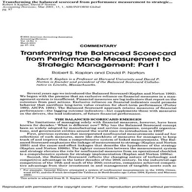 Kaplan &amp; norton   transforming the bsc from performance measurement to st...